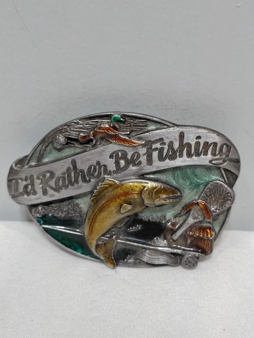 Vintage 1985 Siskiyou Pewter Belt Buckle M-30 I'd Rather Be Fishing Trout Duck